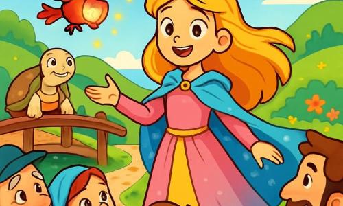 La princesse Élina, âgée d'environ 12 ans, se tient au centre de la scène, son manteau léger flottant autour d'elle. Ses longs cheveux dorés dansent au vent, et son visage exprime détermination et douceur. Elle sourit avec confiance, ses yeux brillants d'espoir. À ses côtés, un oiseau-lanterne nommé Lumi vole joyeusement, illuminant l'air de petites étincelles. Plus loin, Mireille, une tortue blanche sage, observe la scène depuis un vieux pont en bois. Le lieu est un chemin sinueux du Val-Lumineux, entouré de collines verdoyantes et de fleurs colorées. Le ciel est bleu, parsemé de nuages, avec un rayon de soleil créant une atmosphère chaleureuse. Élina parle passionnément aux villageois rassemblés, les encourageant à partager leurs histoires et à travailler ensemble pour rendre la route sûre et joyeuse, tandis que leurs visages reflètent émerveillement et enthousiasme.