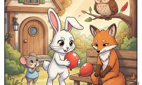 Léo le lapin blanc aux grandes oreilles roses, sourire malicieux, tient délicatement un ballon rouge tandis que Mia la petite souris grise, timide et émerveillée, se tient sur la pointe des pieds à sa gauche, Oscar le hibou brun perché sur une branche observe avec bienveillance et Gaston le renard roux, un peu honteux mais soulagé, est assis sur un banc proche ; devant une petite maison de bois aux volets verts, feuilles d’automne et buissons, la lumière douce d’après‑midi éclaire cette chaleureuse scène de retrouvailles, style manga et couleurs vives.