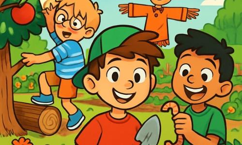 Il y a trois personnages : Max, un garçon de 10 ans avec une casquette verte, des cheveux bruns en bataille et un t-shirt rouge, souriant au centre avec une petite pelle ; Léo, également âgé de 10 ans, portant des lunettes rondes et un t-shirt à rayures bleues, grimpant sur une bûche pour attraper un indice dans un pommier à gauche de Max ; et Sami, avec des cheveux noirs et un t-shirt vert, tenant un gros ver de terre et riant à droite de Max. La scène se déroule dans un jardin communautaire coloré avec des rangées de terre, des fleurs, des arbres fruitiers, des pots de fleurs et un épouvantail amusant. Les trois amis s'amusent à jardiner, découvrant des trésors cachés et s'entraidant, dans une ambiance joyeuse et ensoleillée.