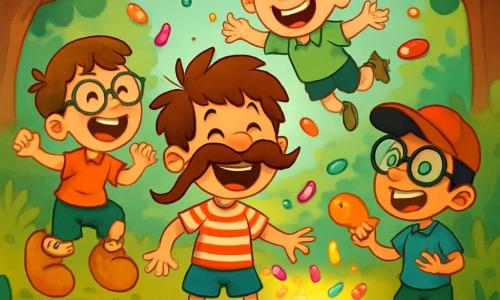 Quatre enfants se trouvent au bord d'un ruisseau scintillant : Max, un garçon de 9 ans avec des cheveux bruns en bataille et une moustache en papier, riant au centre ; Léo, 8 ans, aux cheveux blonds et bouclés, flottant dans les airs avec un grand sourire ; Tom, 9 ans, avec des cheveux châtains et des lunettes rondes, sautant de joie à gauche ; et Hugo, 8 ans, avec des cheveux noirs et une casquette rouge, parlant à l'envers à droite, tenant un poisson en plastique. Ils découvrent une boîte en bois magique, entourés de bonbons colorés dansants, tous émerveillés et riant ensemble dans une ambiance joyeuse.