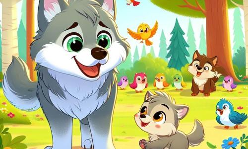 Petit Loup, un jeune loup aux poils gris et doux, se tient au milieu d'une clairière ensoleillée, émerveillé par un groupe de petits oiseaux colorés qui chantent. Maman Loup, une louve au pelage brun, l'encourage à découvrir les merveilles de la nature. La clairière, entourée d'arbres majestueux et de fleurs colorées, offre un tableau vivant. Petit Loup décide de ramasser des déchets pour aider son environnement, affichant une expression déterminée.