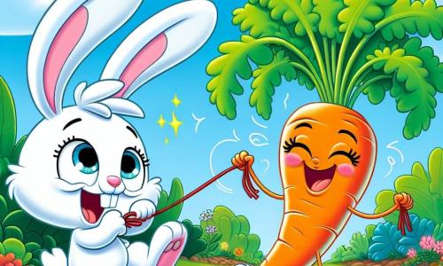 Un petit lapin blanc nommé Filou, aux grandes oreilles et aux yeux pétillants, saute joyeusement dans un jardin coloré, tirant sur une carotte géante qui brille au soleil. À côté, la carotte magique, anthropomorphique, sourit et danse, ses feuilles vertes ondulant au vent. Le jardin est rempli de fleurs éclatantes, de papillons et d'un ciel bleu avec des nuages. Filou tire sur la carotte qui danse et rit, créant une scène joyeuse et absurde où les légumes prennent vie de manière ludique.
