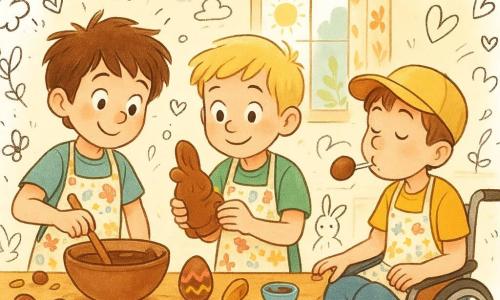 Dans une cuisine lumineuse, trois garçons de 8 ans préparent des œufs de Pâques en chocolat. Hugo, aux cheveux bruns ébouriffés, mélange du chocolat fondu avec un bâton en bois à gauche de l'image. Tom, avec des cheveux blonds et un t-shirt vert, touche un moule en forme de lapin au centre. Lucas, en fauteuil roulant avec une casquette jaune, souffle sur le chocolat à droite. La table est couverte de bols de chocolat, de moules, de colorants et d'outils de pâtisserie. Les murs sont ornés de motifs floraux, et la lumière du soleil illumine la scène, créant une atmosphère joyeuse et magique avec des doodles de lapins et d'œufs dans l'air.