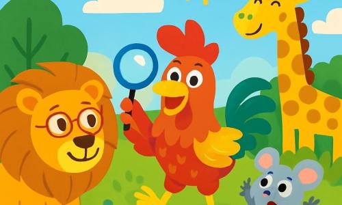 Un coq joyeux aux plumes rouges et dorées se tient au centre, levant une patte avec une loupe et souriant curieusement. À côté, Mimi, une petite souris grise aux grands yeux pétillants, cherche son chapeau, l'air inquiet. À gauche, Léo, un lion majestueux avec une crinière dorée et des lunettes, observe la scène amusé. En arrière-plan, Rita, une girafe haute avec des taches jaunes et brunes, porte des chaussettes colorées sur la tête en riant. La scène se déroule dans un jardin ensoleillé, rempli de fleurs et d'arbres, où le coq et ses amis cherchent le chapeau de Mimi en s'amusant, créant une ambiance joyeuse.