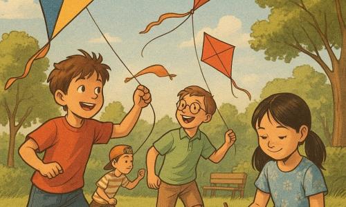 Quatre enfants d'environ 9 ans dans un parc en fin d'après‑midi: Max, cheveux bruns en bataille, t‑shirt rouge et short en jean, court à gauche en tenant la ficelle d'un grand cerf‑volant jaune et bleu; Hugo, lunettes rondes et polo vert clair, légèrement boiteux, rit en tenant son cerf‑volant rouge à droite de Max; Léo, casquette à l'envers et t‑shirt rayé, est derrière Max en lançant son cerf‑volant orange; Clara, cheveux en couettes et robe à fleurs bleue, est assise sur l'herbe à droite et dessine un arbre sur son carnet. Le parc est herbeux et lumineux, quelques arbres et un banc en bois en arrière‑plan, ciel bleu avec nuages et lumière dorée projetant de longues ombres; ambiance joyeuse de jeux et de vent perceptible par les ficelles tendues et les tissus flottants.