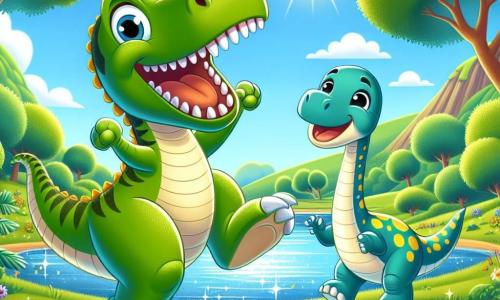 Un grand Tyrannosaure Rex nommé Tino, avec un corps vert et des dents blanches, danse joyeusement au bord d'un lac. Ses yeux brillent de bonheur et un large sourire illumine son visage. À ses côtés, un petit diplodocus nommé Dino, avec un long cou bleu et des taches jaunes, rit en jouant à cache-cache derrière un arbre. Le décor est une vallée ensoleillée, remplie d'arbres et de fleurs colorées, sous un ciel bleu. Tino et Dino s'amusent ensemble, entourés de la beauté de la nature, dans une ambiance de joie et d'amitié.