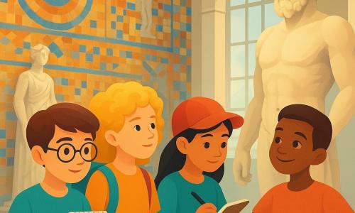 Quatre enfants se trouvent dans une grande salle du musée de Pergame à Berlin, entourés de mosaïques colorées et de statues antiques. Clément, un garçon aux cheveux bruns et lunettes rondes, tient un carnet à spirales et se tient à gauche du groupe. Éloïse, aux cheveux blonds et bouclés, porte un sac à dos coloré et est à droite de Clément. Jade, avec des cheveux noirs et une casquette rouge, dessine dans son carnet à droite d'Éloïse. Lucas, aux cheveux châtains et un sourire espiègle, imite une statue à gauche de Clément. La lumière naturelle illumine les œuvres d'art, et les enfants, émerveillés, sont absorbés dans leurs activités : Clément prend des notes, Éloïse observe, Jade dessine, et Lucas s'amuse. L'atmosphère est studieuse et joyeuse, reflétant leur curiosité face à la richesse culturelle du musée.