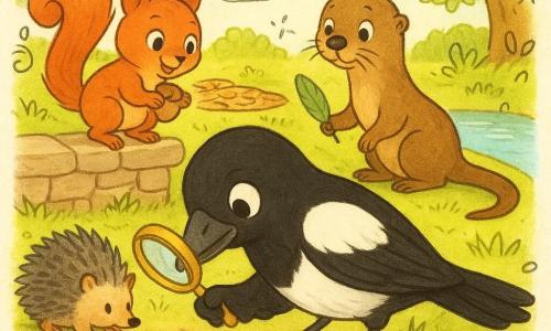 Nox, une pie noire et blanche malicieuse, tient un petit carnet et une loupe en examinant une trace de boue en forme d’étoile; Coco, un écureuil roux excité, tient une noisette sur un muret à gauche; Lola, une loutre brune inquiète mais attentive, montre une plume verte au bord du bassin à droite; Plic, un hérisson gris concentré, renifle près de clochettes argentées sur une table en bois; scène dans une clairière ensoleillée aux lampions colorés, herbe tondue, chemins de pierre et bassin scintillant — ambiance d’enquête joyeuse, couleurs chaudes, contours doux et textures détaillées.