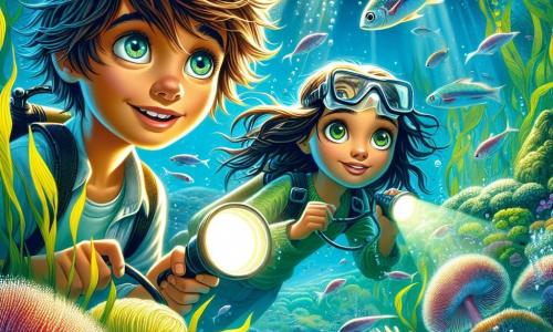 Éliott, un garçon de 12 ans aux cheveux châtains et aux yeux curieux, nage dans une eau cristalline entouré de poissons colorés. Il exprime émerveillement et excitation, tenant une lampe étanche. À ses côtés, Anaïs, une fille de son âge avec des cheveux longs, porte un masque de plongée et sourit en observant les coraux. Le fond marin est une forêt de kelp avec des algues ondulant et des poissons argentés. Éliott et Anaïs explorent ensemble un monde sous-marin fascinant, découvrant des créatures marines et des paysages enchanteurs tout en ressentant excitation et curiosité.
