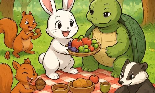 Un pique-nique joyeux dans une clairière ensoleillée : Léo, petit lapin blanc aux grandes oreilles roses, tend une assiette de fruits ; Théo, grosse tortue à la carapace gris-vert sculptée, pose une patte sur son épaule ; deux écureuils roux apportent un sac de noix et jonglent ; deux blaireaux rayés apprennent un jeu avec des pommes ; nappe à carreaux rouges et blancs, bols de fruits, pain, gâteaux, assiettes en bois et tasses peintes, herbe verte, fleurs sauvages et grands arbres formant un dôme, ambiance chaleureuse, gestes amicaux et couleurs vives.