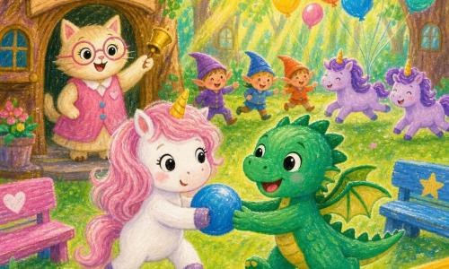 Lila, petite licorne blanche aux crins rose pâle et corne dorée, tient un ballon bleu en trottinant, à sa droite Max, petit dragon vert émeraude aux yeux ronds, rit en lui passant le ballon, derrière eux Madame Rose, maîtresse chat crème au gilet rose et lunettes rondes, accueille les enfants en agitant une cloche, tandis que quelques lutins colorés et deux petites licornes violettes jouent en arrière‑plan dans la clairière d’école d’une forêt magique, herbe verte, bancs peints, fanions et ballons multicolores sous des rayons de soleil dorés ; scène chaleureuse et simple de rentrée, sourires rassurés, couleurs pastel et textures de pastel gras.