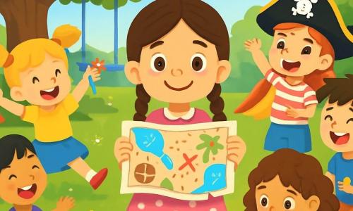 Il y a 6 personnages : Lucie, 8 ans, cheveux bruns tressés, robe rose à pois blancs, souriante avec une carte au trésor ; Clara, 7 ans, couettes blondes, t-shirt jaune, jupe bleue, sautant de joie avec des bonbons ; Sarah, 8 ans, cheveux châtains bouclés, t-shirt vert, short, dessinant un plan ; Manon, 8 ans, cheveux noirs en queue de cheval, robe violette, assise par terre, riant ; Lila, 9 ans, cheveux roux, chapeau de pirate, t-shirt rayé, mimant un discours de pirate ; Tom, 8 ans, cheveux bruns en bataille, t-shirt bleu, short, riant avec des billes. Le cadre est un parc verdoyant avec des arbres, un chêne, des balançoires et un toboggan. Les enfants sont en pleine chasse au trésor, partageant des bonbons et s'amusant autour d'un arbre, créant une ambiance joyeuse.