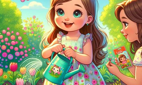 Une petite fille de 4 ans, Lila, sourit joyeusement en tenant un arrosoir coloré. Elle porte une robe légère à fleurs et se trouve dans un jardin ensoleillé, entourée de tulipes colorées. Sa maman, une femme d'une trentaine d'années, est à ses côtés avec un sachet de graines de tomates, la regardant avec fierté. Le jardin est verdoyant, rempli de fleurs, de papillons et sous un ciel bleu clair. Lila et sa maman plantent des graines, et Lila arrose les graines tout en chuchotant aux fleurs.