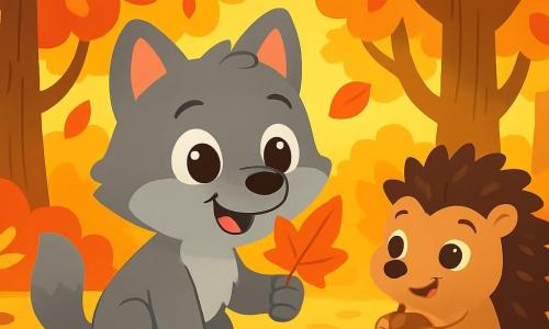 Louna, un petit loup doux et curieux au pelage gris et aux yeux pétillants, ramasse une feuille orange dans une forêt d'automne. Elle sourit, émerveillée. À ses côtés, Oscar le hérisson, avec son dos piquant marron et ses yeux malicieux, tient un marron, affichant une expression contente. La scène se déroule dans une forêt enchantée, avec des arbres ornés de feuilles rouges, jaunes et dorées, et un sol tapissé de feuilles croustillantes. La lumière du soleil crée des éclats dorés. Louna et Oscar explorent joyeusement leur environnement, découvrant les trésors de l'automne.