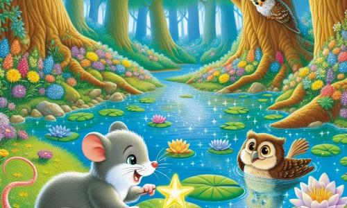 Un petit rat nommé Rémi, au pelage gris et aux yeux curieux, se tient au bord d'un lac scintillant, émerveillé par une étoile sur un nénuphar. Il affiche détermination et joie, tendant ses pattes vers l'étoile. À proximité, une vieille chouette sage, perchée sur une branche, l'observe avec bienveillance, prête à l'encourager. Le décor est une forêt enchantée avec des arbres majestueux, des feuilles vertes éclatantes et des fleurs colorées. Rémi s'approche courageusement de l'étoile, tandis que la chouette le regarde avec fierté, symbolisant sagesse et encouragement.
