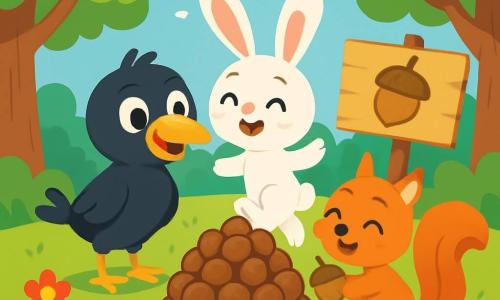 Un corbeau espiègle nommé Coco, avec un plumage noir et des yeux curieux, se tient au centre de la scène, souriant. À ses côtés, un lapin aux grandes oreilles, Lapinou, avec un pelage blanc et des joues roses, saute joyeusement, tandis qu'un écureuil malicieux, Chipo, aux poils roux, jongle avec des noisettes. Ils se trouvent dans une clairière ensoleillée, entourée d'arbres verts et de fleurs colorées. Une pancarte en bois indique "Concours de la plus grosse noisette !". Coco, Lapinou et Chipo rassemblent leurs noisettes pour créer une énorme boule, riant et s'amusant, entourés d'animaux curieux.