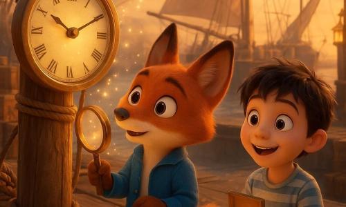 Renard Marin, renard anthropomorphe au pelage roux, tient une loupe et pose sa patte sur une grande horloge fixée au mât d'un navire ; un garçon aux cheveux noirs, en chemise rayée, tient une boîte mécanique ouverte, surpris et souriant en regardant la lumière dorée qui jaillit de l'horloge ; une femme robuste rapièce des filets sur le quai et observe la scène ; le vieux port en bois baigne dans la lumière du coucher de soleil, tandis que de petites étincelles nacrées tourbillonnent autour du mât, donnant une impression douce et magique de mise en mouvement du temps.