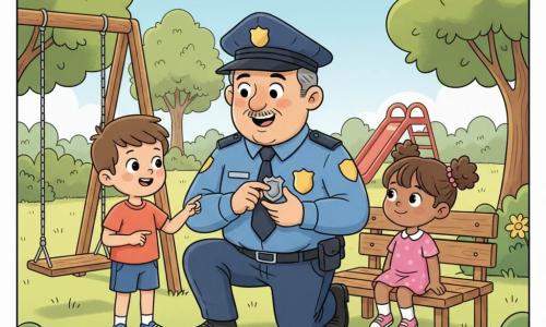 Un policier d'une cinquantaine d'années, souriant, visage rond et légère moustache, en uniforme bleu et grand chapeau, accroupi montrant son badge argenté d'un geste rassurant ; à gauche Léo, environ 6 ans, cheveux bruns courts et yeux émerveillés, debout près d'une balançoire ; à droite Ana, environ 4 ans, châtain en couettes, assise sur un banc en bois et souriante. Parc ensoleillé avec pelouse verte, arbres à feuilles rondes, petit toboggan rouge et fleurs jaunes, lumière douce du matin, ambiance calme et sécurisante, couleurs pastel et contours doux.