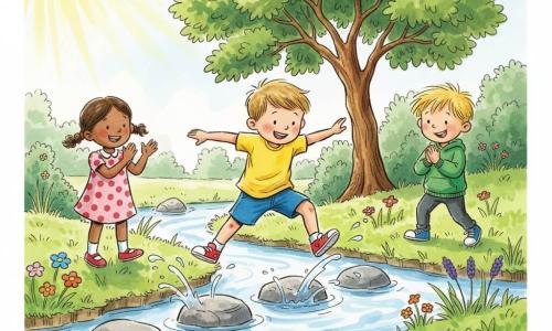 Léo, 4 ans, souriant et confiant, saute de pierre en pierre dans une rivière peu profonde; il porte chaussures rouges, t‑shirt jaune et short bleu, éclaboussures légères, posture sûre. Emma, 4 ans, en robe à pois et couettes brunes, applaudit depuis la berge gauche; Tom, 4 ans, cheveux blonds et sweat vert, regarde depuis la berge droite, admiratif. Petit parc ensoleillé avec herbe, fleurs sauvages et grand chêne; ambiance joyeuse et dynamique.