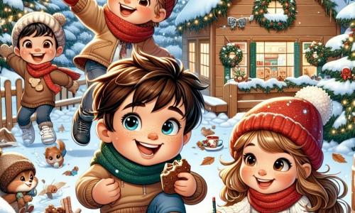 Dans un jardin enneigé, Lucas, un garçon de huit ans, saute dans un tas de feuilles mortes en riant. À côté, Emma, une fille aux cheveux blonds et bouclés avec un bonnet rouge, tient un biscuit au chocolat et sourit. Maxime, un garçon aux cheveux châtains, prépare une boule de neige, tandis que Léa, une fille aux cheveux noirs, dessine un sapin dans son carnet. Le jardin est entouré de sapins couverts de neige et des guirlandes lumineuses scintillent sur la maison. L'air est rempli de flocons de neige, créant une atmosphère magique. Les enfants s'amusent ensemble, capturant l'esprit de l'hiver et l'amitié.