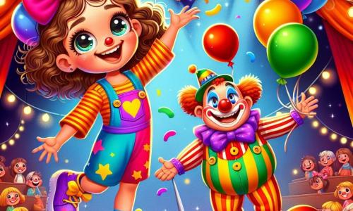 Une fille de 10 ans, Zoé, aux cheveux bruns bouclés et aux yeux pétillants, porte une salopette multicolore et un grand nœud papillon. Sur scène, elle jongle avec des ballons colorés, rayonnante et souriante. À ses côtés, Bobo le clown, un homme d'environ 40 ans avec un nez rouge et des cheveux ébouriffés, rit et fait des grimaces, ajoutant à l'ambiance festive. Le chapiteau de cirque est vibrant de couleurs, avec des lumières scintillantes et un public enthousiaste assis sur des bancs en bois. Zoé et Bobo captivent le public avec leur numéro hilarant, provoquant rires et applaudissements.
