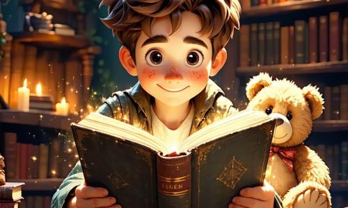 Au centre de l'image, Hugo, un jeune garçon aux cheveux bruns en bataille et aux yeux pétillants, tient un vieux journal, son visage illuminé par l'excitation. À ses côtés, Gaston, un ours en peluche aux poils doux et usés, observe attentivement le journal. En arrière-plan, une cabane en bois, recouverte de mousse et entourée de fleurs colorées, se dresse avec une porte entrouverte laissant entrevoir un intérieur mystérieux. Le sol est parsemé de feuilles et de fleurs sauvages, tandis qu'un ruisseau scintille à proximité, ajoutant une touche de magie. Hugo et Gaston explorent la cabane, découvrant des indices, dans une ambiance d'aventure et de mystère, prêts à résoudre le secret du trésor caché.