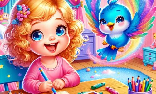 Une petite fille de 4 ans, Zoé, avec des cheveux bouclés et dorés, sourit joyeusement assise à son bureau en bois, un crayon coloré à la main. À côté d'elle, un petit oiseau bleu chante gaiement. La chambre est colorée avec des murs rose pastel, des étoiles dorées au plafond et des jouets éparpillés. Un grand tapis moelleux en forme de nuage est sous ses pieds. Zoé et l'oiseau dansent et rient ensemble, tandis qu'une plume magique virevolte autour d'eux, ajoutant une touche de magie à l'atmosphère joyeuse.