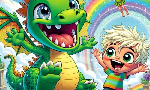 Un dragon vert nommé Gribouille, avec des écailles brillantes et des yeux pétillants, se tient au centre de la scène, riant aux éclats et agitant ses grandes ailes. À côté de lui, Léo, un petit garçon de 7 ans avec des cheveux en désordre, rit aussi et danse joyeusement. Un peu plus loin, Paillette, une petite fée aux ailes scintillantes, flotte dans les airs avec un sourire espiègle. La scène se déroule au sommet de la Montagne des Éclats de Rire, un lieu magique où des fleurs colorées dansent et des arcs-en-ciel brillent. Gribouille, Léo et Paillette se préparent pour un concours de blagues, entourés d'une foule enthousiaste qui rit et applaudit, créant une atmosphère joyeuse et magique.