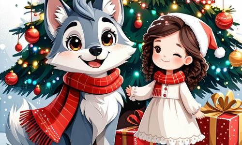 Un petit loup nommé Loupi, avec un pelage gris doux et des yeux curieux, se tient joyeusement devant un grand sapin de Noël décoré de guirlandes colorées et de boules scintillantes. Il porte une écharpe rouge et sourit, excité par la fête. À ses côtés, une petite fille aux cheveux bouclés, vêtue d'une robe rouge avec des flocons de neige, rit en tenant un biscuit en forme d'étoile. En arrière-plan, un groupe d'enfants souriants se rassemble autour du sapin, créant une atmosphère festive. Le marché de Noël est animé, avec des lumières scintillantes et des flocons de neige tombant doucement. Loupi et ses amis célèbrent Noël en décorant le sapin avec des guirlandes faites main, partageant rires et histoires.