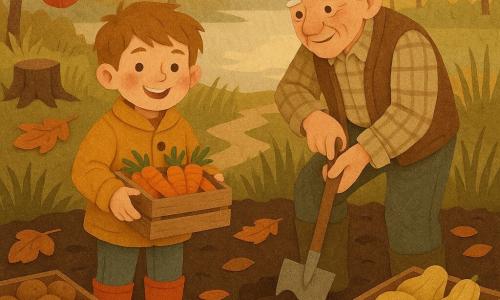Un garçon de 8 ans souriant, joues rosies, cheveux châtain clair en bataille, en veste en laine moutarde et bottes en caoutchouc, tient une petite cagette de carottes orange vif; à sa droite, un grand-père d’environ 70 ans, cheveux blancs et casquette brune, en chemise à carreaux et gilet en laine, fouille la terre avec une petite bêche; autour d’eux, cagettes de pommes de terre et courges sur la terre sombre, herbes hautes, souches et un petit chemin, un étang brumeux reflétant des arbres rouges, oranges et dorés, feuilles rousses au sol et une branche de pommier avec quelques pommes, scène de récolte automnale au crépuscule, atmosphère chaude et tranquille en style papier découpé avec textures de papier froissé et collages superposés.