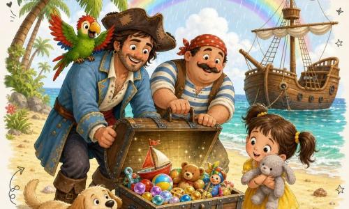 Un pirate nommé Marc, souriant et bienveillant, visage buriné, grand chapeau rapiécé et veste bleu clair, pousse un coffre en bois ouvert sur une petite plage de sable doré en regardant avec douceur une fillette d'environ 4 ans aux couettes brunes en robe jaune qui serre son doudou gris et sourit en voyant les jouets; un matelot moustachu en chemise rayée tire la poignée du coffre à côté de Marc; un perroquet vert et rouge sur l'épaule de Marc a les ailes entrouvertes, un chien beige remue la queue au premier plan, un bateau en bois à l'ancre borde l'eau turquoise; légère pluie qui cesse, arc‑en‑ciel vif et reflets lumineux sur le coffre rempli de jouets colorés; couleurs gaies, traits doux et textures papier avec doodles blancs.