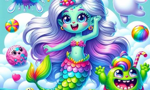 Au centre de l'image, Lili, la sirène aux écailles scintillantes allant du bleu turquoise au violet, flotte gracieusement au-dessus de l'eau, entourée de bulles colorées, tenant un bonbon en forme de poisson et affichant un grand sourire. À gauche, Glouglou, le petit monstre vert avec des yeux ronds et des cheveux en spaghetti, saute de joie sur un nuage en forme de bonbon, montrant à Lili un tas de bonbons qu'ils ont trouvé. À droite, Niko, le lapin aux grandes oreilles, danse avec un air espiègle, portant des lunettes de soleil. Le décor est une forêt magique avec des arbres en bonbons et des fleurs dansantes. L'image montre Lili, Glouglou et Niko en pleine fête, riant et dansant ensemble, célébrant leur amitié dans un monde fantastique.