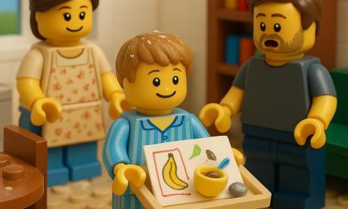 Un garçon de 6 ans aux cheveux châtain clair courts, visage rond avec taches de farine, expression fière et joyeuse, tient à deux mains un plateau contenant un petit bol jaune de dessert à la banane, un dessin manuscrit coloré, une petite plume bleue et un caillou brillant ; il porte un pyjama rayé et des chaussons rouges. À gauche, la mère (~30 ans) cheveux bruns en chignon, sourire tendre, main sur le dossier d’une chaise, t-shirt clair et tablier à petites fleurs ; à droite, le père (~35–40 ans) barbe légère, t-shirt gris, entre dans la pièce surpris et ému, mains levées pour recevoir le plateau, devant un canapé bas et des étagères de livres. Cuisine-salon lumineux, sol en bois clair, table ronde avec miettes et pot de miel, placards blancs, fenêtre laissant entrer une lumière matinale douce et des carrés de soleil sur le tapis, traces de farine visibles. Scène principale : moment de surprise et de tendresse, parents émus et sourire partagé — plan moyen, couleurs chaudes et contrastes doux, textures de briques LEGO visibles, détails nets (petites étoiles de chocolat, dessin enfantin avec lettres maladroites, plume bleue brillante).