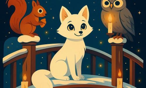 Un renard nommé Flocon, au pelage blanc, se tient sur un pont en bois enneigé, émerveillé. À côté, un écureuil nommé Noisette, à la fourrure rousse, accroche des glands dorés. Une chouette sage, Lune, aux plumes grises, tient une bougie magique sur une rambarde. Le pont, décoré et illuminé par des bougies et des lucioles, surplombe une rivière gelée qui reflète les lumières. Le ciel nocturne est étoilé.