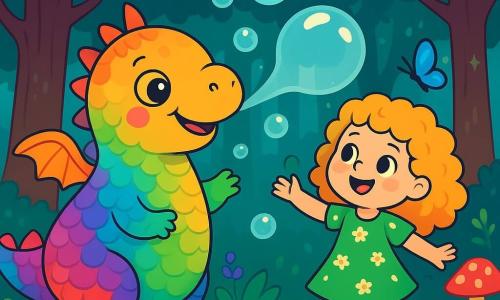 Un dragon rond et doux, aux écailles brillantes de toutes les couleurs de l’arc-en-ciel, sourit joyeusement avec un œil doré pétillant d’amitié. Il fait une énorme bulle avec son souffle sucré, entouré de petites bulles de savon. Lila, une petite fille de 6 ans aux cheveux bouclés et dorés, porte une robe verte fleurie. Elle saute sur la mousse, émerveillée par le dragon. La scène se déroule dans une forêt magique avec des arbres majestueux, des feuilles scintillantes, des fleurs violettes et des champignons colorés. Un papillon bleu vole autour d’eux. Lila et Pompon le dragon s’amusent ensemble, créant des bulles qui remplissent la forêt de rires et de joie.