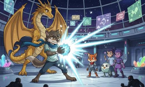 Lyra, petit loup anthropomorphe au pelage gris-brun et aux yeux noisette, écharpe bleue flottante, tient un cristal bleu luminescent qu'elle libère en une explosion blanche-bleue depuis une posture héroïque, tandis qu'un grand dragon gardien aux écailles dorées, ailes à demi déployées, se tient à gauche pour la protéger ; à droite, une renarde mécanique, un oiseau-robot rond et une enfant extraterrestre à peau violette forment un cercle de soutien; des envahisseurs en armures noires aux yeux rouges reculent sous l'onde lumineuse dans la cour centrale de la Station Étoilée — vaste dôme vitré sur ciel étoilé, passerelles métalliques incurvées, panneaux holographiques et cristaux enchâssés sur surfaces en métal poli — scène dynamique et optimiste avec éclats de lumière, particules brillantes et fragments de cristal volant.