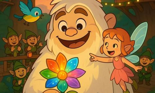 Toudoux, un grand Yéti rond au pelage crème et sourire exprimant la joie, tient délicatement une Fleur-Lumière aux pétales arc-en-ciel scintillants ; Capucine, une petite fée en robe-feuille rose pâle aux ailes iridescentes, vole à hauteur d'épaule en la montrant du doigt, un petit oiseau bleu et jaune sauvé tourne en chantant autour de la fleur, et plusieurs lutins en vêtements verts et marron applaudissent avec de petites lanternes sur une passerelle en bois derrière lui ; le tout se déroule sur la grande place d’Haubrefeuille, construite sur une branche massive avec planchers patinés, maisons colorées accrochées aux branches, guirlandes de feuilles lumineuses et une fontaine en pierre qui reflète la lumière, au crépuscule aux tons orangés et roses, ambiance festive et chaleureuse centrée sur Toudoux et la Fleur-Lumière.