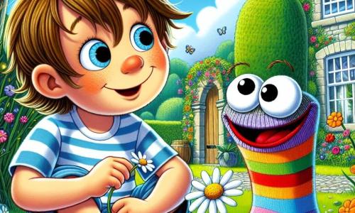 Un petit garçon de 5 ans, Louis, avec des cheveux bruns en bataille et un grand sourire, est assis dans l'herbe du jardin de sa grand-mère. Il porte un t-shirt rayé et un short bleu, tenant une marguerite, émerveillé par une chaussette colorée qui parle à côté de lui. La chaussette, Chaussette-Bavarde, est multicolore et joyeuse, prête à entraîner Louis dans une aventure. Le jardin est magique, rempli de fleurs éclatantes, de papillons et d'un ciel bleu. Louis et Chaussette-Bavarde discutent alors que le jardin tourne autour d'eux, annonçant le début de leur voyage vers le Monde à l'Envers.