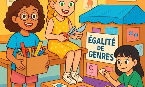 Trois personnages sont présents : Lila, une fille de 11 ans avec des cheveux bruns bouclés et des lunettes rondes, portant un t-shirt bleu et un short rose, souriante et tenant une boîte de fournitures ; Maïa, également âgée de 11 ans, avec des cheveux blonds tressés et des yeux verts, vêtue d'une robe jaune à pois, assise sur une table en découpant des images ; et Noor, une fille de 11 ans avec des cheveux noirs lisses et une frange, portant un t-shirt vert et un pantalon en jean, accroupie en collant des étiquettes sur des vitrines qu'elles ont créées ensemble. L'action se déroule dans une salle polyvalente lumineuse avec des murs colorés, des tables en bois et des affiches d'enfants. Les filles créent un musée interactif sur l'égalité des genres, affichant des idées reçues et encourageant les autres enfants à s'exprimer tout en riant et s'entraidant.