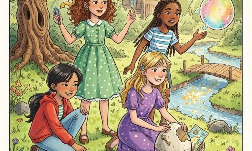 Quatre filles suivent une boussole dans un jardin de printemps : Lina, 9 ans, cheveux bouclés châtain attachés par un ruban jaune, robe à pois verts, tient une petite boussole ; Jade, 9 ans, cheveux noirs en queue de cheval, veste rouge, accroupie à gauche tendant la main vers un petit chocolat doré roulant ; Samia, 10 ans, peau mate et cheveux tressés, T-shirt rayé bleu et blanc, rit en regardant une bulle-œuf lumineuse flotter au-dessus d’un ruisseau scintillant ; Chloé, 8 ans, cheveux blonds lâchés, robe violette étoilée, agenouillée près d’un gros œuf en papier mâché posé sur un coussin de mousse et posant la main dessus. Le décor : pelouse verte, vieux chêne tordu à gauche, petit ruisseau à droite avec un ponton en bois fragile, cabane peinte en arrière-plan et guirlandes colorées. Elles découvrent des œufs magiques — chocolats roulants, bulles-œufs arc-en-ciel et un grand œuf décoré ouvert contenant une clé dorée et une carte — le tout rendu en encre colorée vive avec textures aquarelle et lumière dorée de fin d’après-midi, expressions joyeuses et émerveillées.