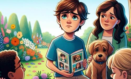 Un garçon de 12 ans, Tom, se tient au centre de l'image, avec des cheveux châtains en désordre et des yeux tristes. Il porte un t-shirt bleu et un short beige, tenant un album de souvenirs ouvert avec des photos de son chien Max. À côté de lui, sa mère, une femme d'une trentaine d'années aux cheveux longs et bruns, le regarde avec compassion. Le décor est un parc verdoyant avec des fleurs colorées et un grand arbre majestueux, où se déroule une petite cérémonie en mémoire de Max. Des amis de Tom, des enfants de 10 à 12 ans, sont rassemblés autour de lui, chacun tenant une fleur pour rendre hommage à l'animal. Tom partage des souvenirs de Max avec ses amis, qui déposent des fleurs au pied de l'arbre, créant un moment de réconfort et de solidarité.