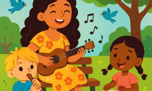 Maia, une jeune femme aux cheveux longs et bouclés, porte une robe légère à motifs floraux. Elle sourit chaleureusement et est assise sur un banc dans un parc, tenant une petite guitare. À côté d'elle, un garçon de 8 ans, avec des cheveux blonds en bataille, joue de la flûte, tandis qu'une fillette de 6 ans, avec des tresses et une robe rose, tape doucement sur un tambour. Le parc est verdoyant, avec des arbres majestueux et des fleurs colorées. Maia chante une douce mélodie, entourée des enfants qui l'écoutent, créant une atmosphère de partage et de bonheur musical, avec des oiseaux volant autour d'eux.