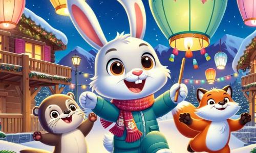 Théo, un lapin aux grandes oreilles et à la fourrure blanche, est au centre de l'image, les yeux brillants de joie et un large sourire. Il tient une lanterne colorée, prêt pour le défilé. À ses côtés, Lili la loutre, avec sa fourrure brune, saute de joie, les bras levés. Max le renard, avec son pelage roux, se tient en arrière, admirant les lanternes dans le ciel étoilé. Le décor est une station de ski avec des chalets en bois, un sapin de Noël scintillant et des flocons de neige. La scène est festive et chaleureuse, avec Théo et ses amis prêts à faire s'envoler leurs lanternes, symbolisant leurs souhaits pour la nouvelle année.