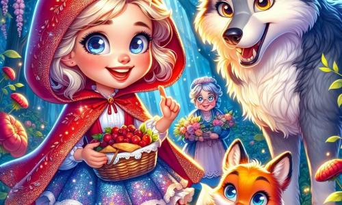 Au centre de l'image, le Petit Chaperon Rouge, une fille d'environ 8 ans, porte une combinaison brillante qui change de couleur, du rouge au bleu. Elle sourit, ses yeux pétillants de curiosité. Elle tient un panier de tartes aux baies pour sa grand-mère. À ses côtés, un loup amical, grand et poilu, se tient debout sur ses pattes arrière, prêt à aider. Un renard rusé, aux poils orange, observe la scène avec un air malicieux. La scène se déroule dans une forêt enchantée, avec des arbres scintillants et des fleurs dansantes. Le Petit Chaperon Rouge et ses amis se préparent à organiser une fête pour célébrer l'unité entre tous les êtres.