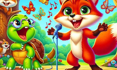 Un jeune renard aux poils roux éclatants chante passionnément sur une scène en bois décorée de fleurs colorées, ses pattes levées et un sourire radieux. À ses côtés, une tortue sage avec des lunettes l'encourage avec fierté. Un écureuil espiègle danse joyeusement autour de lui, battant le rythme. La scène se déroule dans une clairière ensoleillée, entourée d'arbres majestueux et d'un ciel bleu, où d'autres animaux l'observent avec admiration. Le renard, sur le point de surmonter sa peur, célèbre le pouvoir de croire en soi et l'importance de l'amitié.
