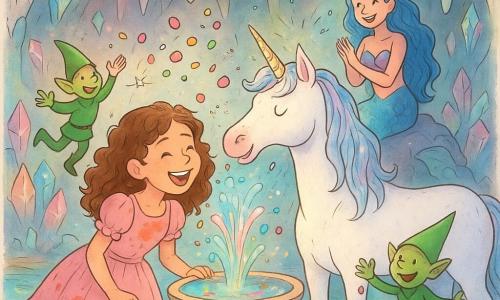 Princesse Amélie, 10 ans, rayonnante en robe rose tachée de confiture, rit en se penchant pour boire l'eau pétillante d'une fontaine multicolore; à côté, une licorne blanche aux crins irisés secoue la tête en envoyant des étincelles, posture affectueuse; sur un rocher, la sirène Farah aux cheveux bleus et à la queue scintillante applaudit en souriant; deux farfadets verts aux chapeaux pointus jettent des bonbons; le tout dans une grotte enchantée aux murs de cristaux multicolores, lumière phosphorescente, stalactites fines et reflets arc‑en‑ciel, ambiance festive de joie contagieuse avec bulles brillantes et pluie de bonbons.