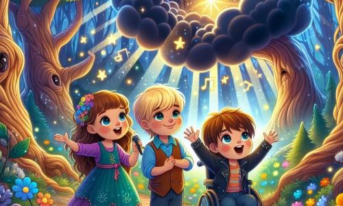Dans une forêt enchantée, trois enfants se tiennent prêts pour l'aventure. Léo, un garçon de 8 ans aux cheveux dorés, est à gauche, déterminé. À sa droite, Mia, 7 ans, chante joyeusement, et à côté, Lucas, 9 ans en fauteuil roulant, sourit courageusement en tenant un petit drapeau coloré. La forêt est magique avec de grands arbres et des feuilles scintillantes. Des fleurs multicolores dansent autour d'eux, tandis qu'un nuage sombre cache une étoile brillante. Les enfants chantent pour libérer l'étoile, illuminés par la lumière qui perce. L'ambiance est magique et pleine d'espoir, illustrant la force de l'amitié face aux défis.