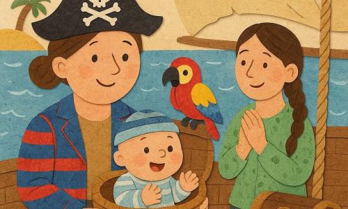 Femme pirate Lila, visage rond souriant, cheveux bruns en chignon, veste rayée bleue et rouge, tient un panier où est assis un bébé garçon de 6–9 mois en bonnet rayé, joues roses, gazouillant; Marinette, ~30 ans, cheveux tressés, blouse verte salée, compte les vagues en souriant; Jojo le perroquet rouge, bleu et jaune perché sur la barre du gouvernail; bateau-biscuit au pont marron texturé, voiles colorées légèrement déchirées, tonneaux et cordages; arrière-plan mer bleue aux reflets argentés, île aux palmiers et ciel clair; après une petite tempête, coffre ouvert avec couverture brillante et tétine en or, ambiance chaleureuse et sécurisante, formes simples, couleurs vives et textures type papier collé.
