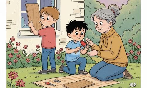 Quatre personnages dans un jardin au crépuscule derrière une maison en pierre blanche : Tom, 4 ans, petit garçon aux cheveux châtain clair, visage rond et tache de café sur le nez, tient une planche contre la fenêtre cassée à gauche, regard concentré ; Léo, 4 ans, cheveux noirs en bataille, sourire timide, au centre cloue doucement avec un petit marteau rouge ; Mme Rose, voisine d'environ 65 ans aux cheveux gris en chignon et écharpe couleur miel, à droite, genoux sur l'herbe, guide la main de Léo et regarde Tom avec douceur ; une vieille tortue à carapace verte et motifs jaunes, petite, observe la scène depuis une mare miroir à droite ; herbe tondue, fleurs roses et marguerites, quelques planches et outils posés sur une couverture à carreaux, lumière dorée du soir, ambiance douce et chaleureuse, style BD franco-belge aux couleurs pastel et contours nets.
