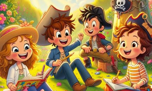 Quatre amis, deux garçons et deux filles d'environ 10 ans, se retrouvent dans un jardin ensoleillé. Max, avec ses cheveux bruns en bataille et un chapeau de cowboy, rit en tenant une affiche colorée. Clara, aux cheveux longs et blonds, est assise sur l'herbe avec un carnet de dessins sur les genoux. Tom, habillé en super-héros avec une cape rouge, saute en l'air, prêt à relever un défi. Lou, avec des cheveux châtains et frisés, porte un casque de pirate et observe ses amis avec un sourire malicieux. Le jardin est verdoyant, rempli de fleurs et d'un grand chêne, avec une banderole annonçant "La Grande Compétition des Épreuves Loufoques". Ils s'apprêtent à commencer une course en sac, riant, tandis que Lou les observe, prête à donner le signal de départ.